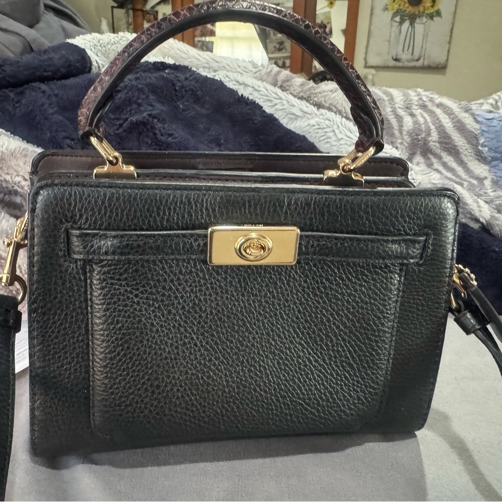 Authentic Coach Black Leather crossbody tote with Gold Accents